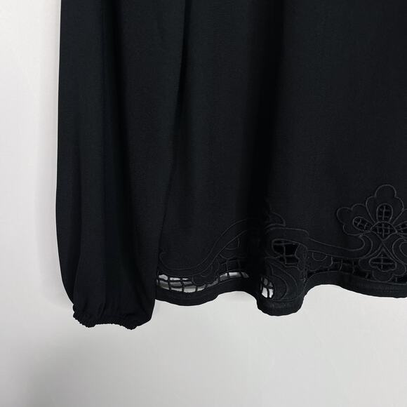 Halogen Medium M Black Eyelet Ruffle Yoke Detail Long Sleeve Blouse Top Peasant - Picture 5 of 8